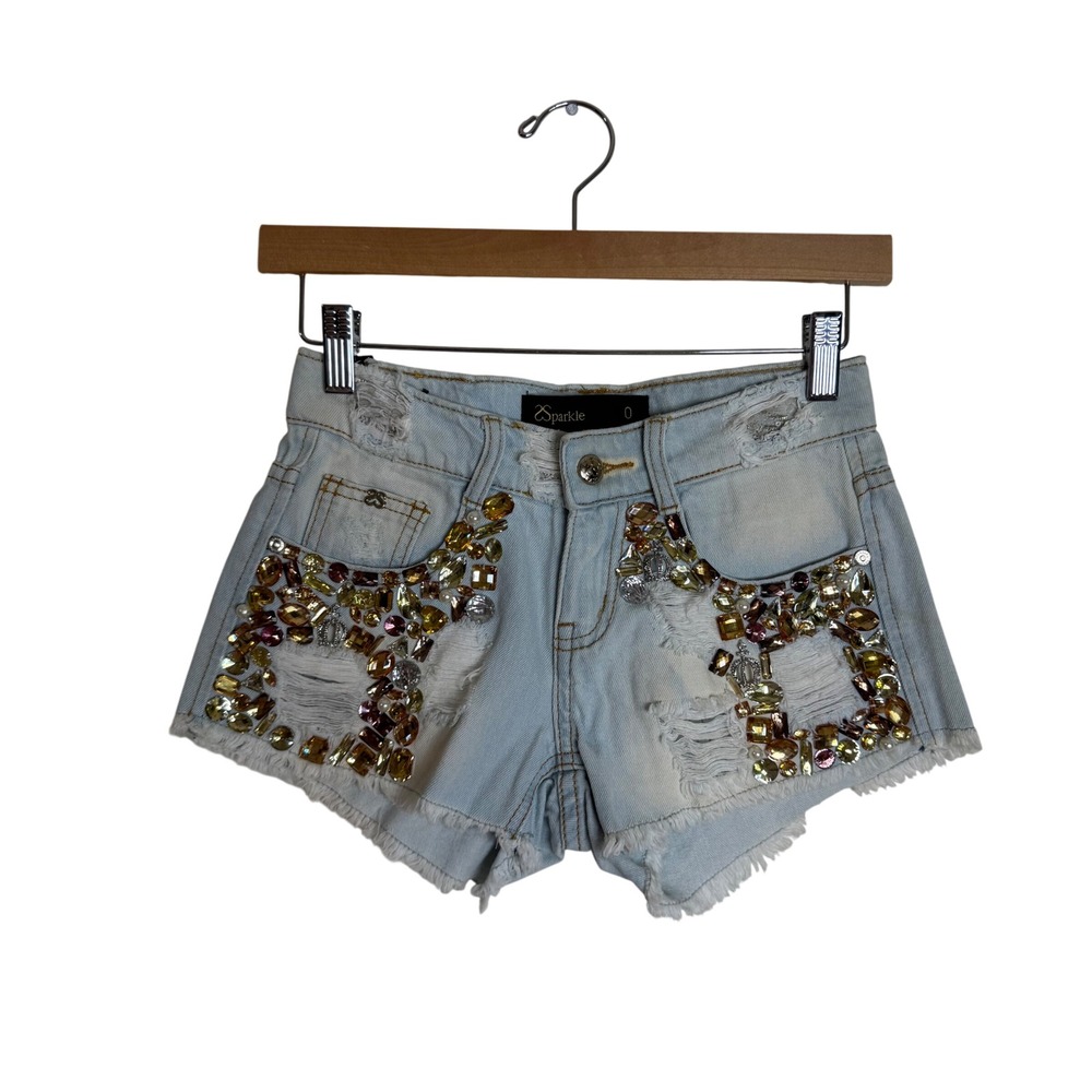 Sparkle Denim Shorts Women's Beaded Distressed Cut Off Light Wash Blue Size 0